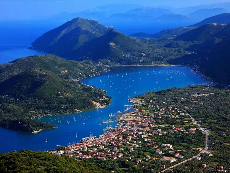 The bay of Nydri from above, with the islets opposite
